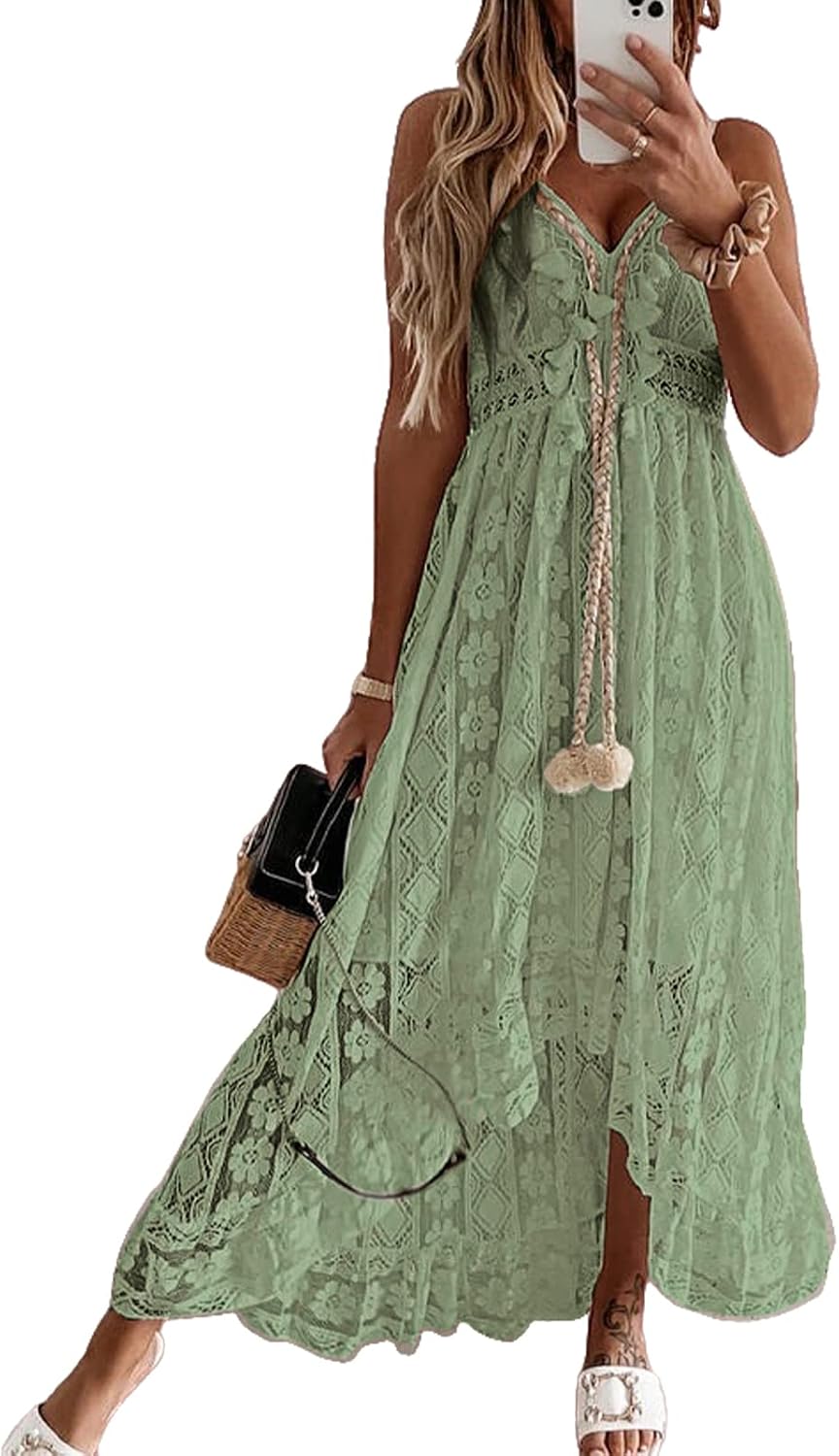CUPSHE Women's Summer Slip Boho Maxi Dress Lace Up Tassel V-Neck Flare Ruffle Beach Dresses White