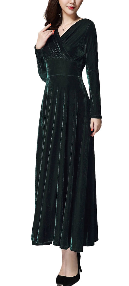 Urban CoCo Women Long Sleeve V-Neck Velvet Stretchy Long Dress