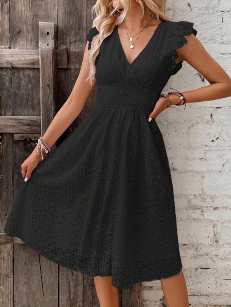Women's Summer Sexy Eyelet Lace Embroidery Smocked Dress Flutter Sleeve A-Line Midi Long Beach Sundress