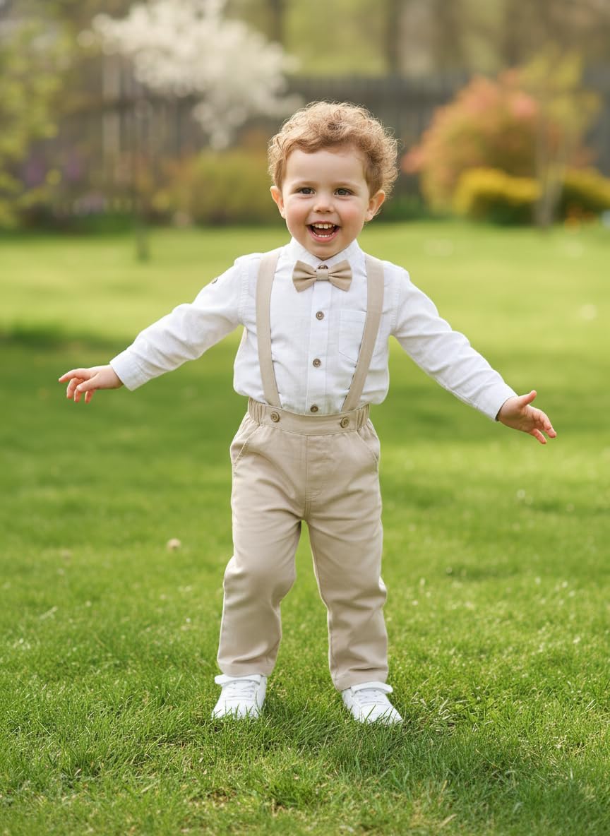Volunboy Baby Boys Cotton Linen Formal Suspenders Outfits with Bowtie Toddler Long Sleeve Gentleman Wedding Dress Clothes