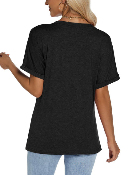 isermeo Womens Tshirts V Neck Short Rolled Sleeve Buttons Tops Tee Solid Blouse Loose Fit 2026 S-XXL