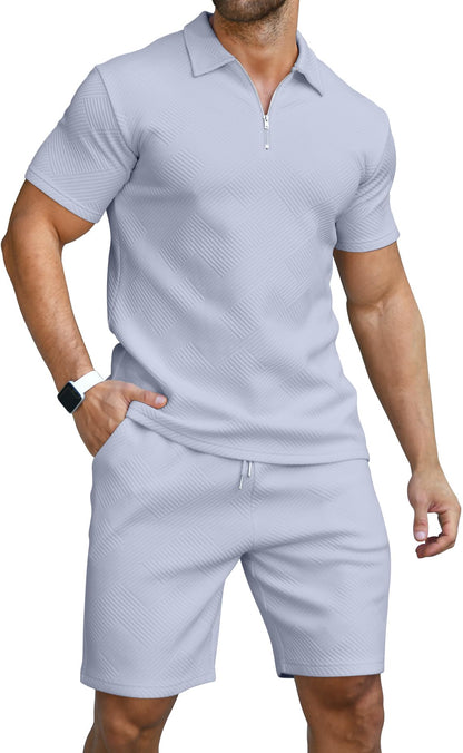 KUYIGO Men's Outfits Two-piece Casual Set Short Sleeve Polo Shirts and Beach Shorts Summer Tracksuits