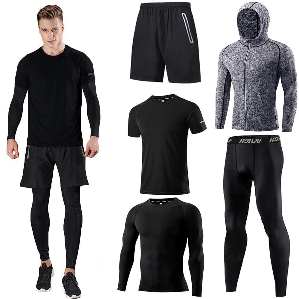 Men's Sports Running Set (Pack of 4 or 5) Athletic Shirt+Short/Compression Shirt+Pants with Coat Tracksuit Gym Suits