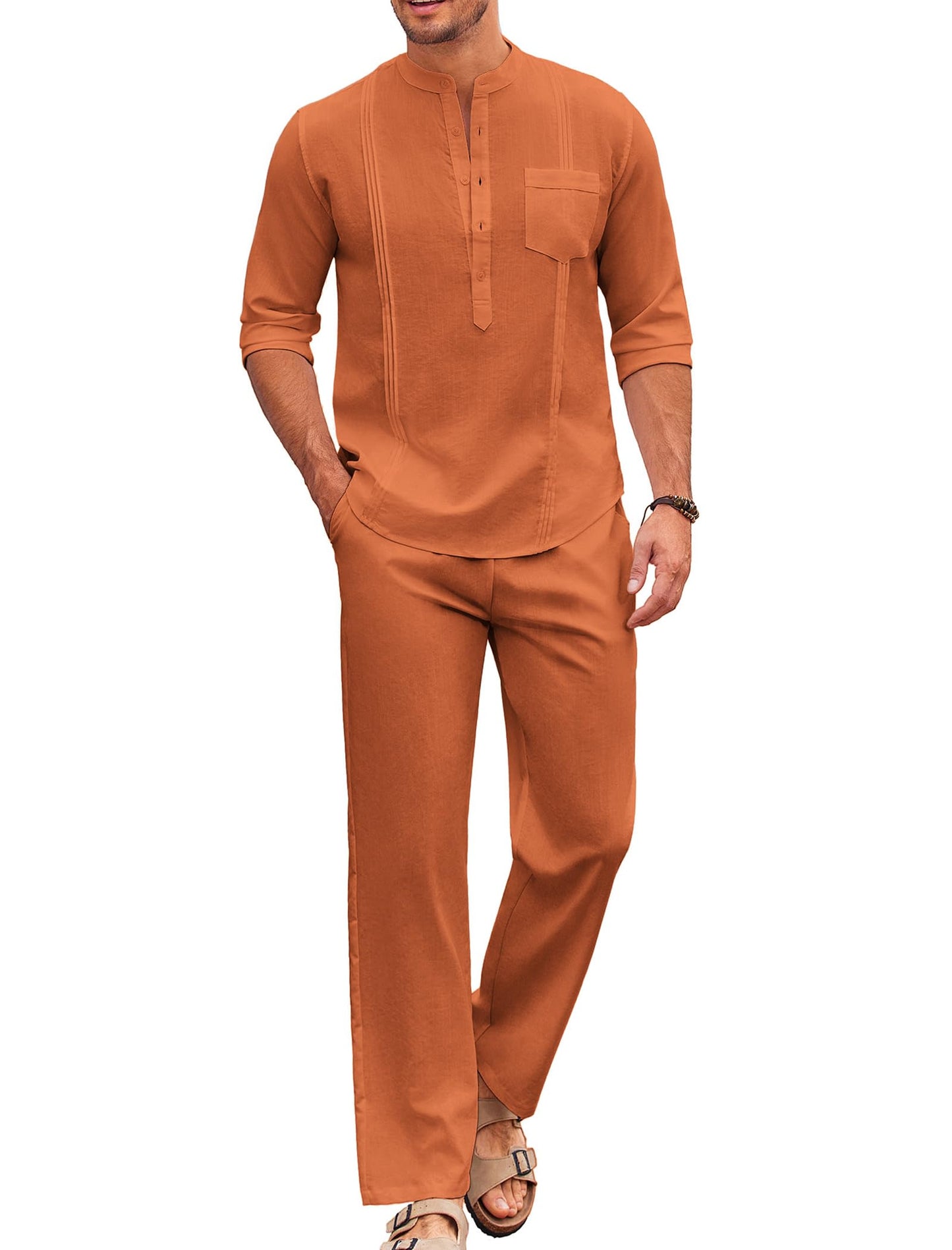 COOFANDY Men's 2 Piece Cotton Linen Sets Casual Long Sleeve Henley Shirts Yoga Pants Set Beach Cuban Outfits