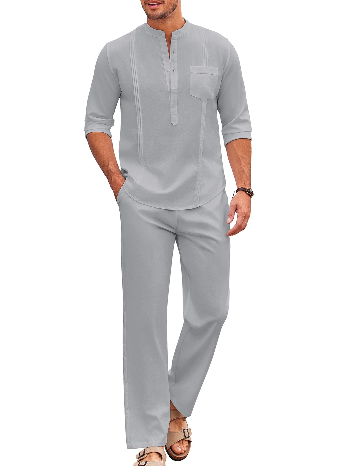 COOFANDY Men's 2 Piece Cotton Linen Sets Casual Long Sleeve Henley Shirts Yoga Pants Set Beach Cuban Outfits