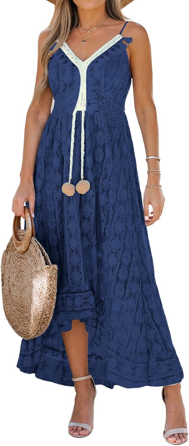 CUPSHE Women's Summer Slip Boho Maxi Dress Lace Up Tassel V-Neck Flare Ruffle Beach Dresses White