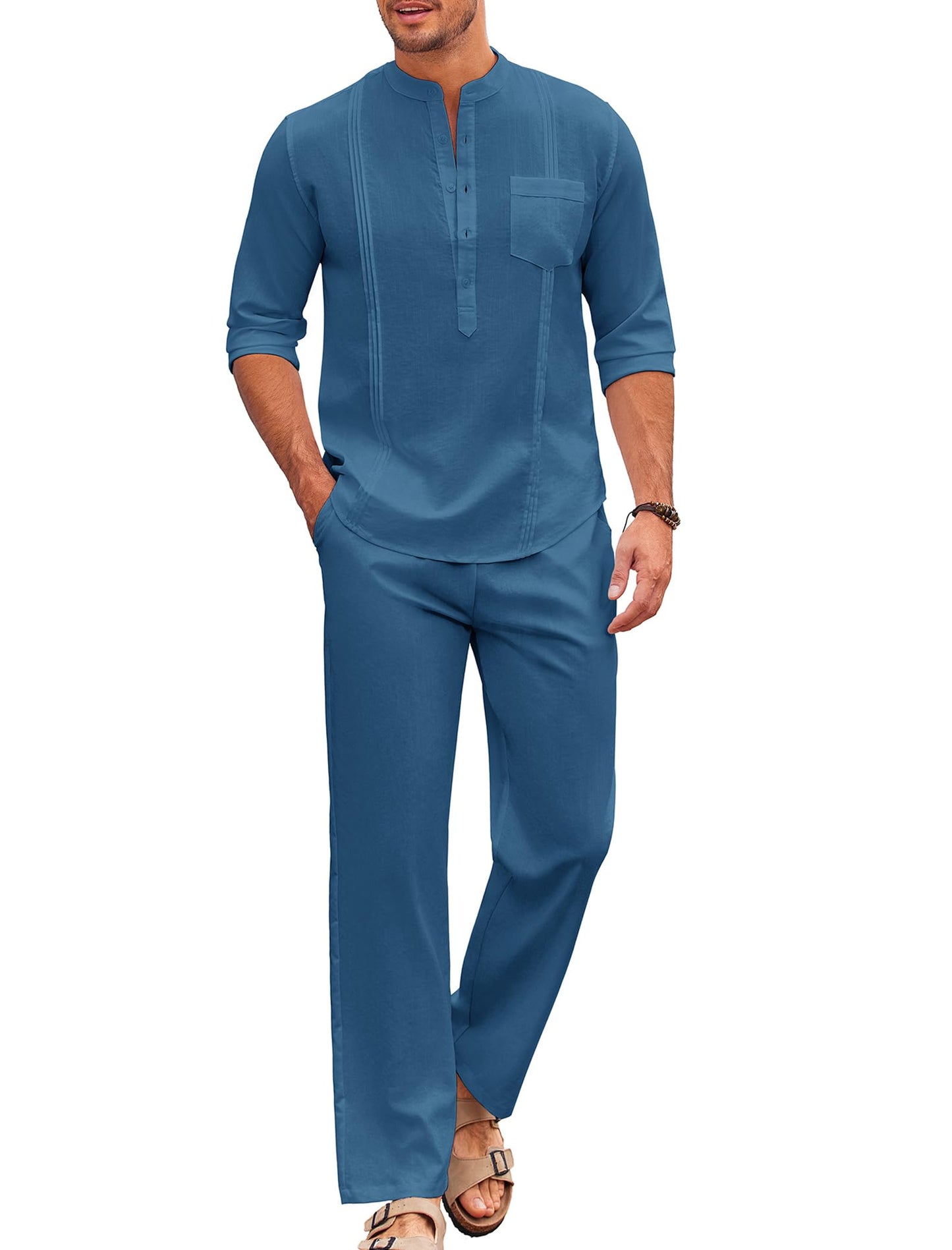 COOFANDY Men's 2 Piece Cotton Linen Sets Casual Long Sleeve Henley Shirts Yoga Pants Set Beach Cuban Outfits