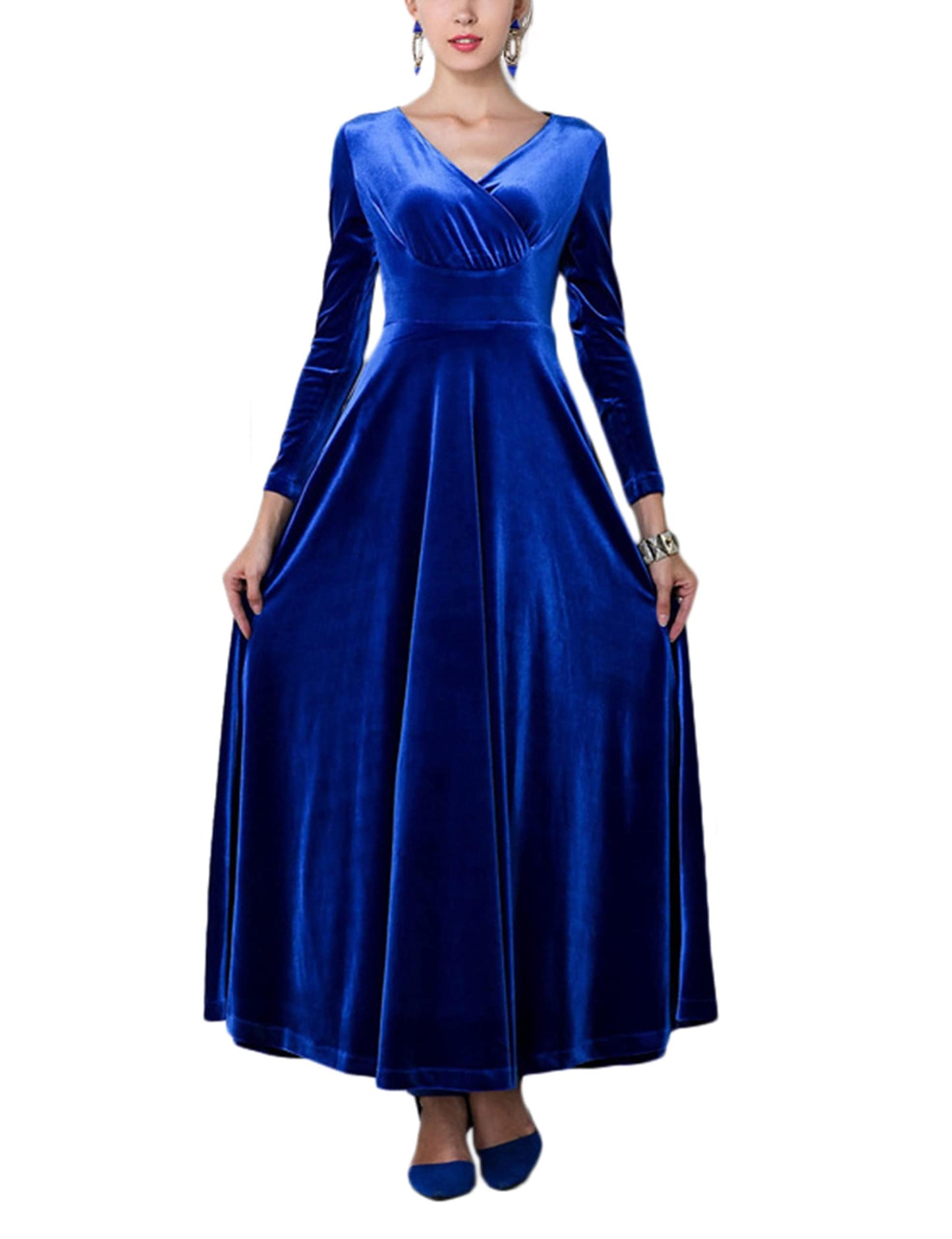 Urban CoCo Women Long Sleeve V-Neck Velvet Stretchy Long Dress