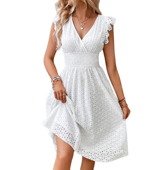 Women's Summer Sexy Eyelet Lace Embroidery Smocked Dress Flutter Sleeve A-Line Midi Long Beach Sundress