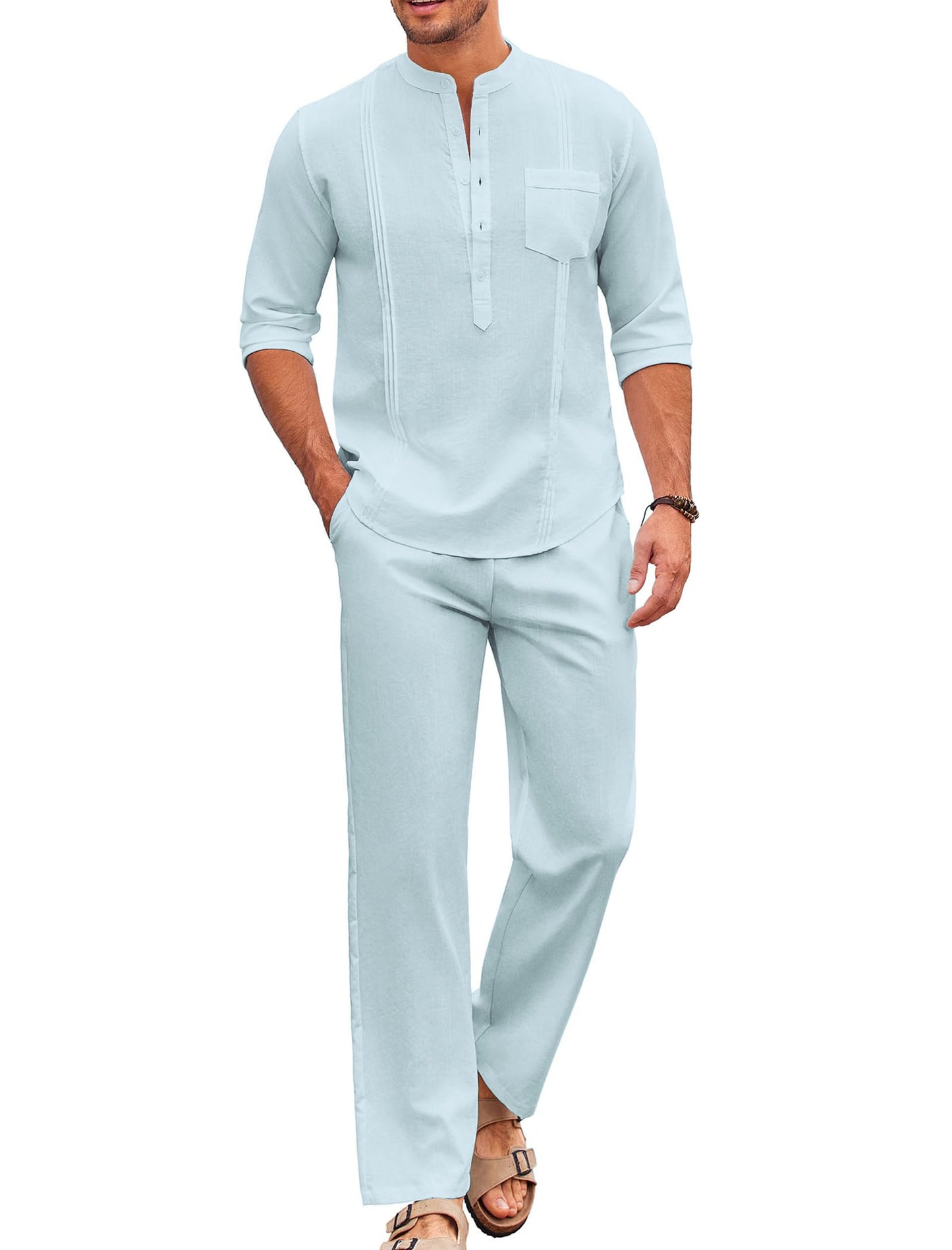 COOFANDY Men's 2 Piece Cotton Linen Sets Casual Long Sleeve Henley Shirts Yoga Pants Set Beach Cuban Outfits