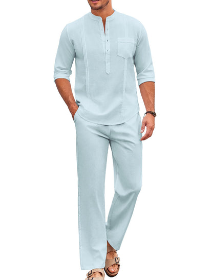 COOFANDY Men's 2 Piece Cotton Linen Sets Casual Long Sleeve Henley Shirts Yoga Pants Set Beach Cuban Outfits