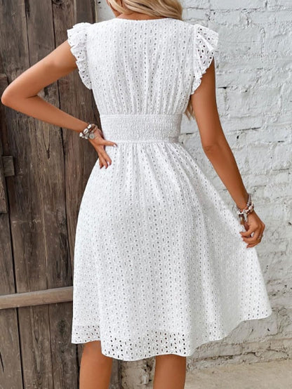 Women's Summer Sexy Eyelet Lace Embroidery Smocked Dress Flutter Sleeve A-Line Midi Long Beach Sundress