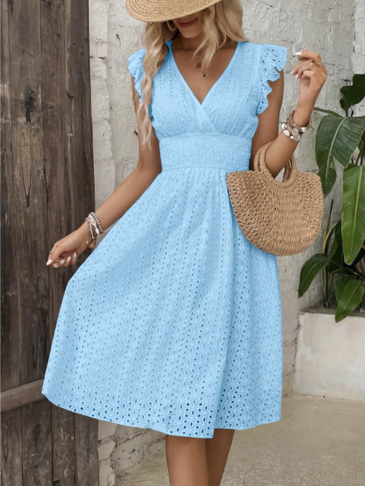 Women's Summer Sexy Eyelet Lace Embroidery Smocked Dress Flutter Sleeve A-Line Midi Long Beach Sundress