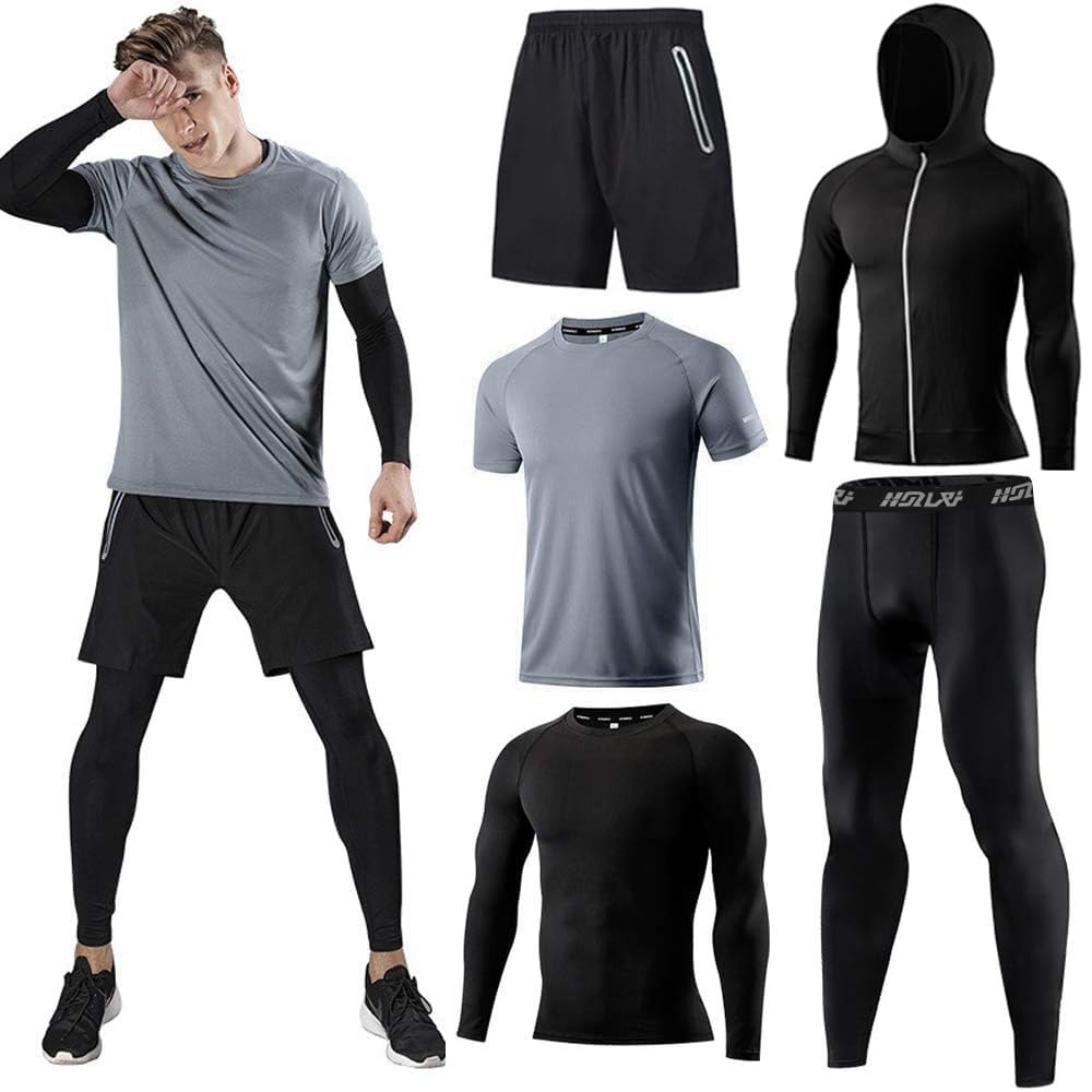 Men's Sports Running Set (Pack of 4 or 5) Athletic Shirt+Short/Compression Shirt+Pants with Coat Tracksuit Gym Suits