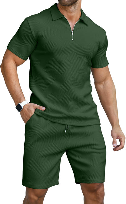 KUYIGO Men's Outfits Two-piece Casual Set Short Sleeve Polo Shirts and Beach Shorts Summer Tracksuits