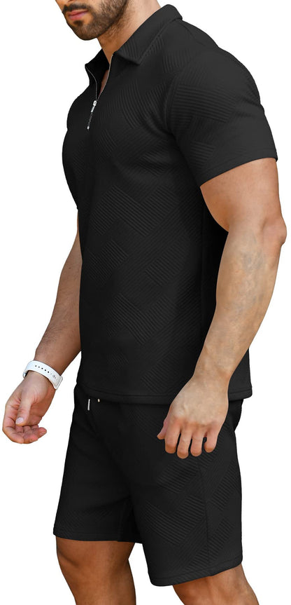 KUYIGO Men's Outfits Two-piece Casual Set Short Sleeve Polo Shirts and Beach Shorts Summer Tracksuits
