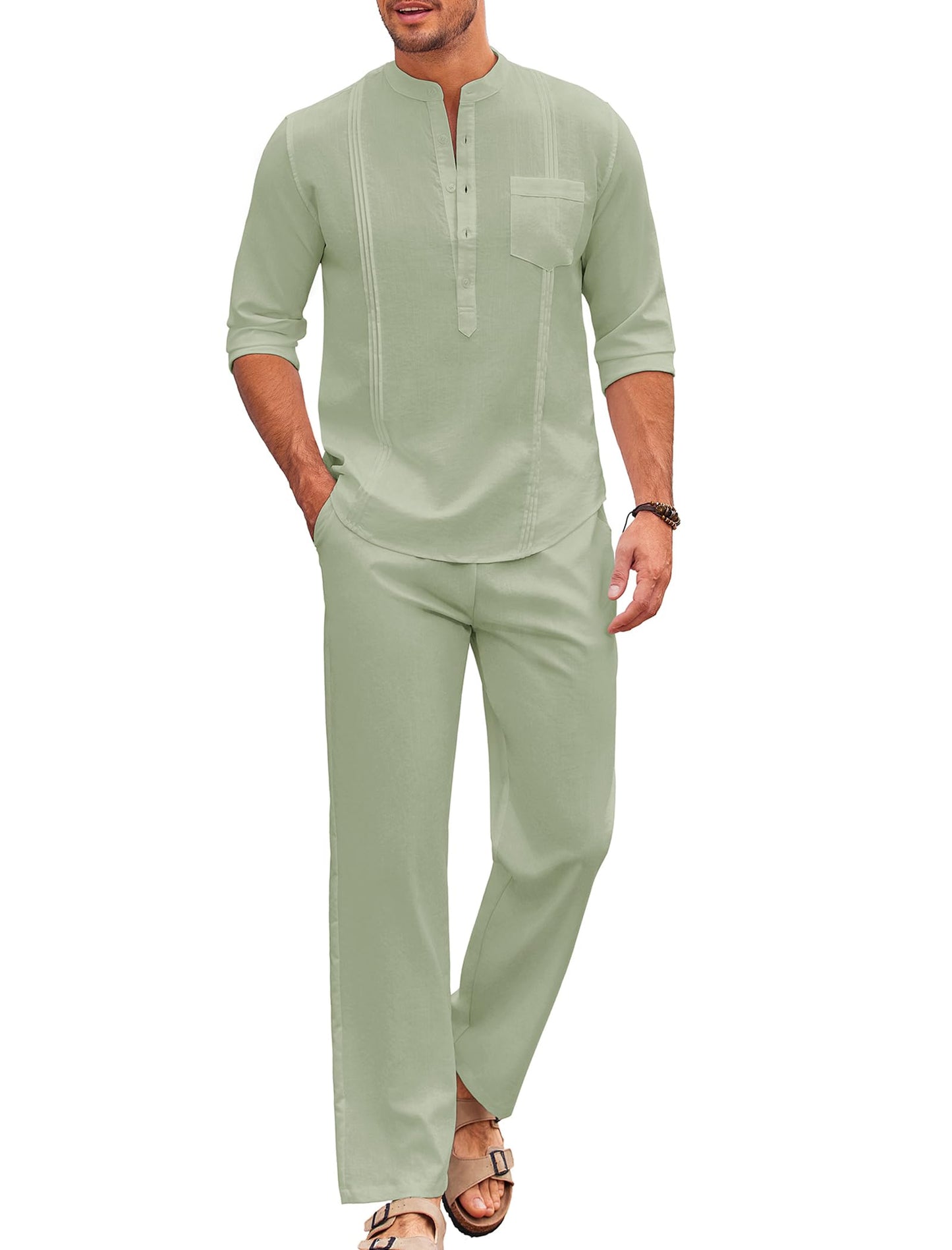 COOFANDY Men's 2 Piece Cotton Linen Sets Casual Long Sleeve Henley Shirts Yoga Pants Set Beach Cuban Outfits