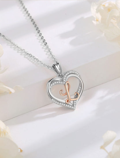 INFUSEU Sterling Silver Heart Initial Pendant Necklaces for Women Girls, Letter A-Z Jewelry Personalized Birthday Name Gifts for Her, 20 Inch Chain