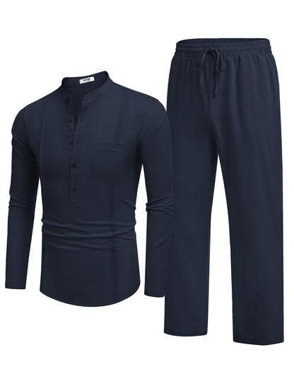COOFANDY Men's 2 Piece Cotton Linen Sets Casual Long Sleeve Henley Shirts Yoga Pants Set Beach Cuban Outfits