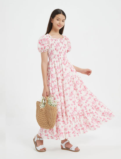 EXARUS Girls Maxi Long Smocked Dress Tween Swiss Dots Summer Square Neck Short Sleeve Casual A-line Dresses for 6-12Y | Tween A-Line Dresses Vacation Beach Sundress Beach Dance Casual Homecoming Party 6-14Y