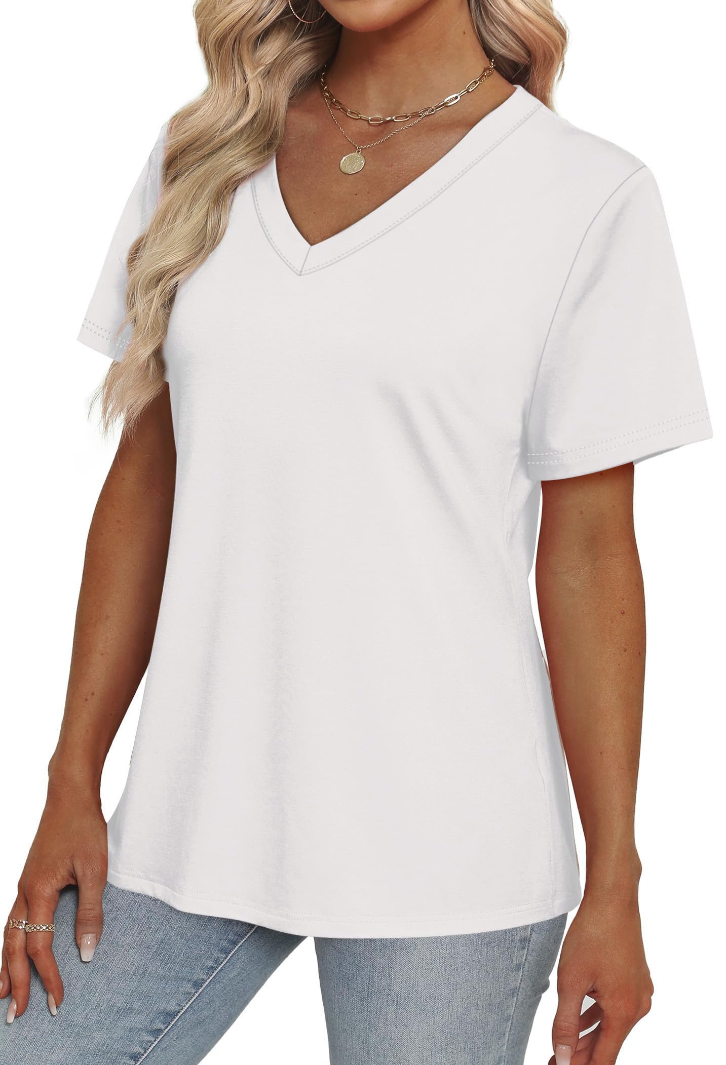 Womens Summer Tops Short Sleeve V Neck Casual T-Shirts Printed Trendy Vacation Outfits
