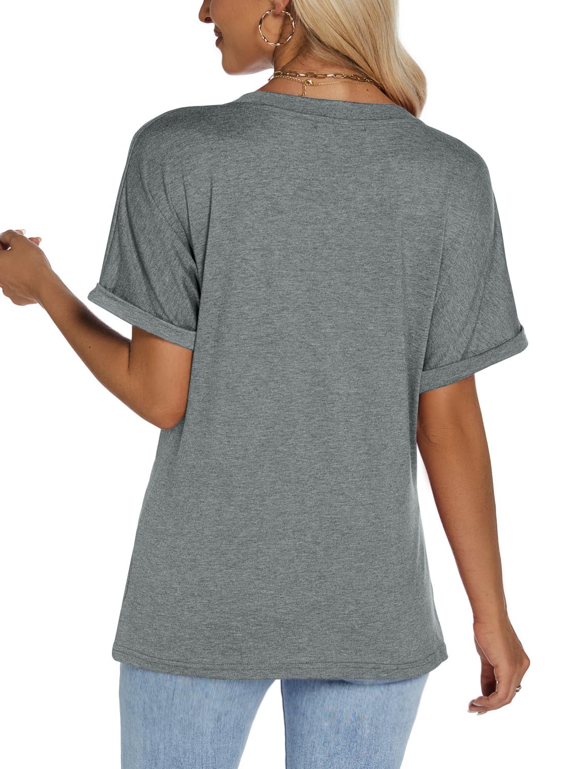 isermeo Womens Tshirts V Neck Short Rolled Sleeve Buttons Tops Tee Solid Blouse Loose Fit 2026 S-XXL