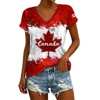 Womens Canada Day Shirts V Neck Short Sleeve Maple Leaf Flag Patriotic Tops Summer Casual Loose 1st July Canadian T-Shirts