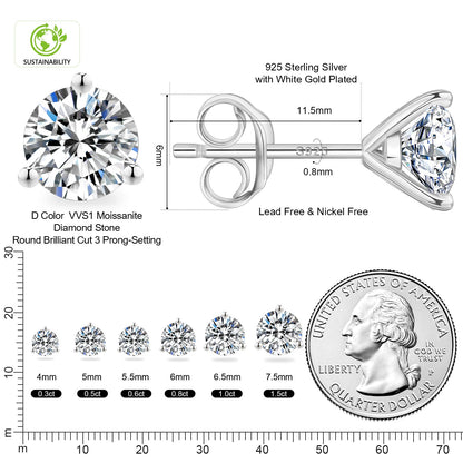 KRKC Moissanite Earrings, Christmas Birthday Gifts with Luxury Box, Hypoallergenic 925 Sterling Silver 14K White Gold Plated, 0.6-3CT D color VVS1 Clarity Lab Created Stud Diamond Earrings for Women