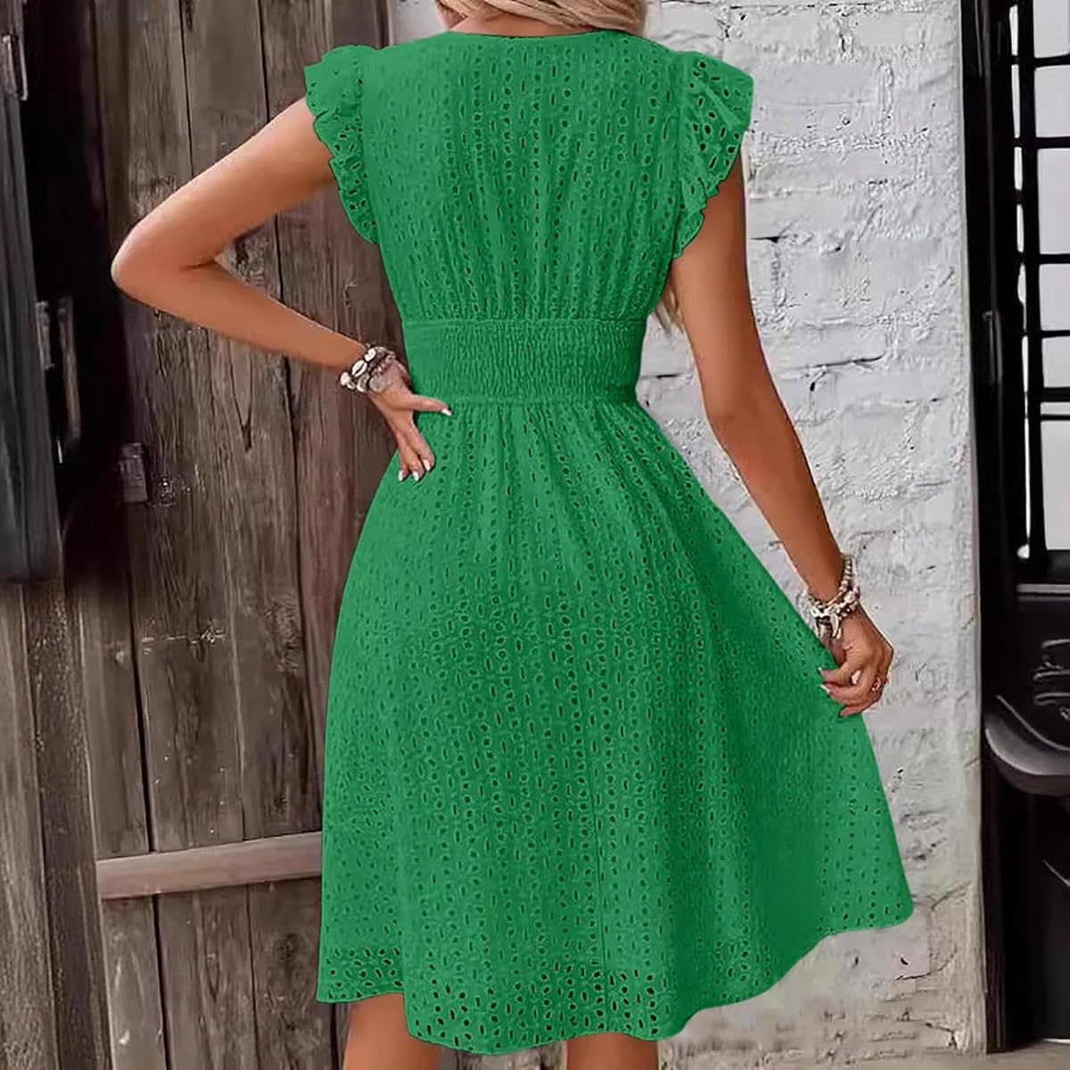 Women's V Neck Sleeveless Hollow Out Lace Ruffle Dress Summer Casual Beach Midi Vacation Dress