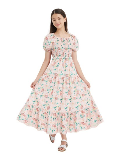 EXARUS Girls Maxi Long Smocked Dress Tween Swiss Dots Summer Square Neck Short Sleeve Casual A-line Dresses for 6-12Y | Tween A-Line Dresses Vacation Beach Sundress Beach Dance Casual Homecoming Party 6-14Y