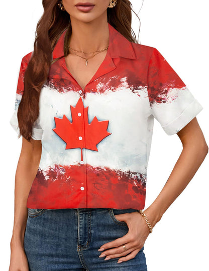 DUTUT Hawaiian Shirts for Women EH Maple Leaf Button Down Shirt Funny Graphic Tshirts Casual Short Sleeve Tops