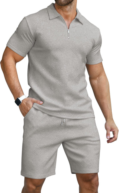 KUYIGO Men's Outfits Two-piece Casual Set Short Sleeve Polo Shirts and Beach Shorts Summer Tracksuits
