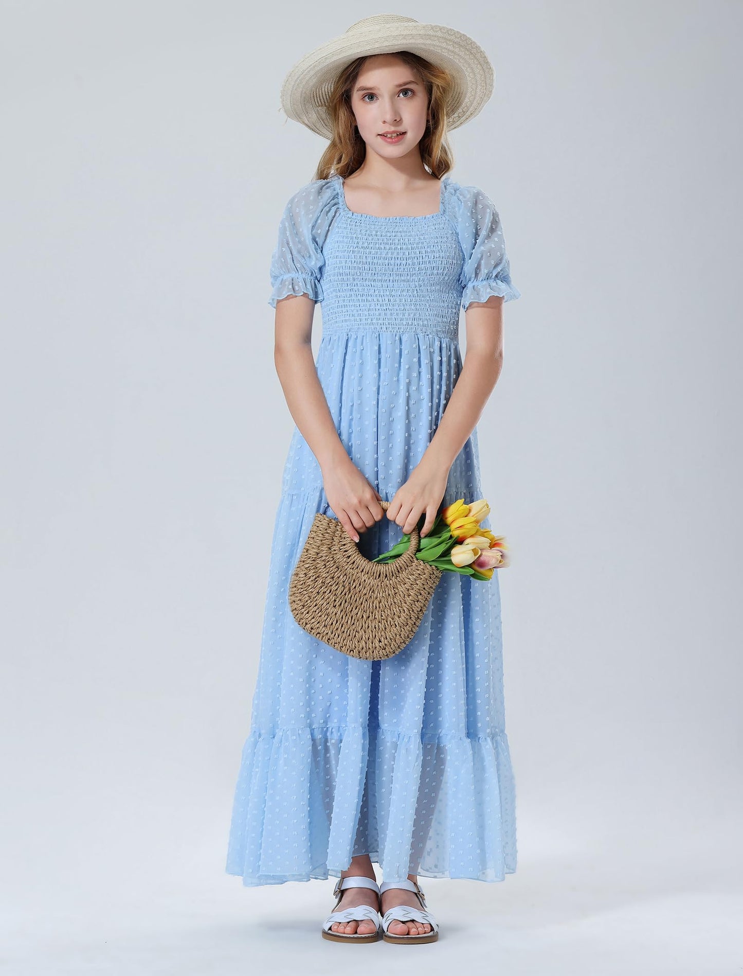 EXARUS Girls Maxi Long Smocked Dress Tween Swiss Dots Summer Square Neck Short Sleeve Casual A-line Dresses for 6-12Y | Tween A-Line Dresses Vacation Beach Sundress Beach Dance Casual Homecoming Party 6-14Y