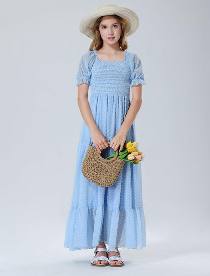 EXARUS Girls Maxi Long Smocked Dress Tween Swiss Dots Summer Square Neck Short Sleeve Casual A-line Dresses for 6-12Y | Tween A-Line Dresses Vacation Beach Sundress Beach Dance Casual Homecoming Party 6-14Y