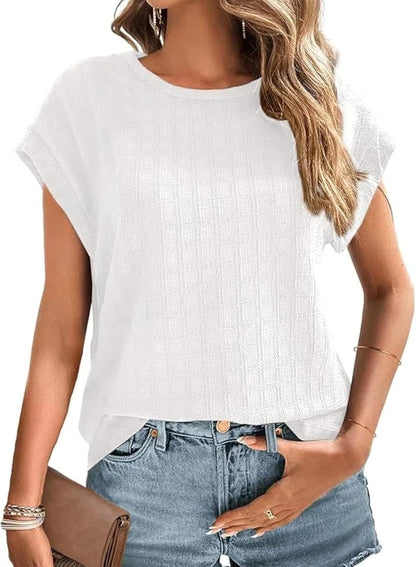 Womens Tops Eyelet Embroidery Summer Spring Crewneck Curved Hem 2025 Casual Cap Short Sleeve Tunic Trendy T Shirts