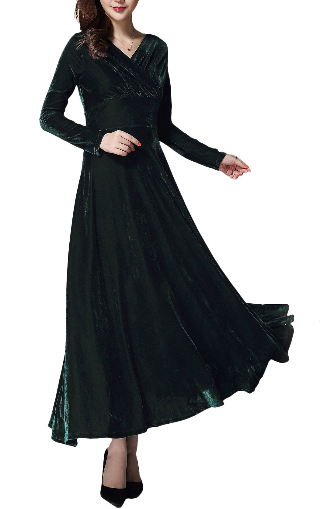 Urban CoCo Women Long Sleeve V-Neck Velvet Stretchy Long Dress