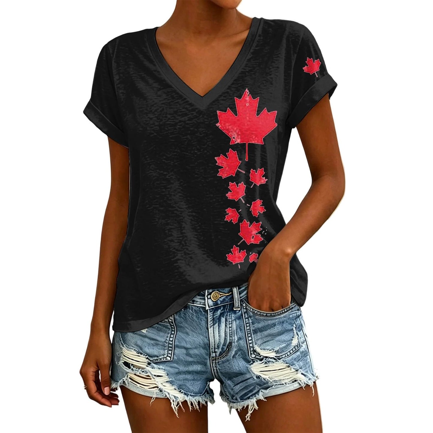 Womens Canada Day Shirts V Neck Short Sleeve Maple Leaf Flag Patriotic Tops Summer Casual Loose 1st July Canadian T-Shirts