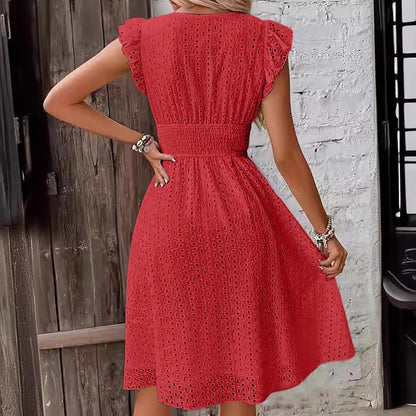 Women's V Neck Sleeveless Hollow Out Lace Ruffle Dress Summer Casual Beach Midi Vacation Dress