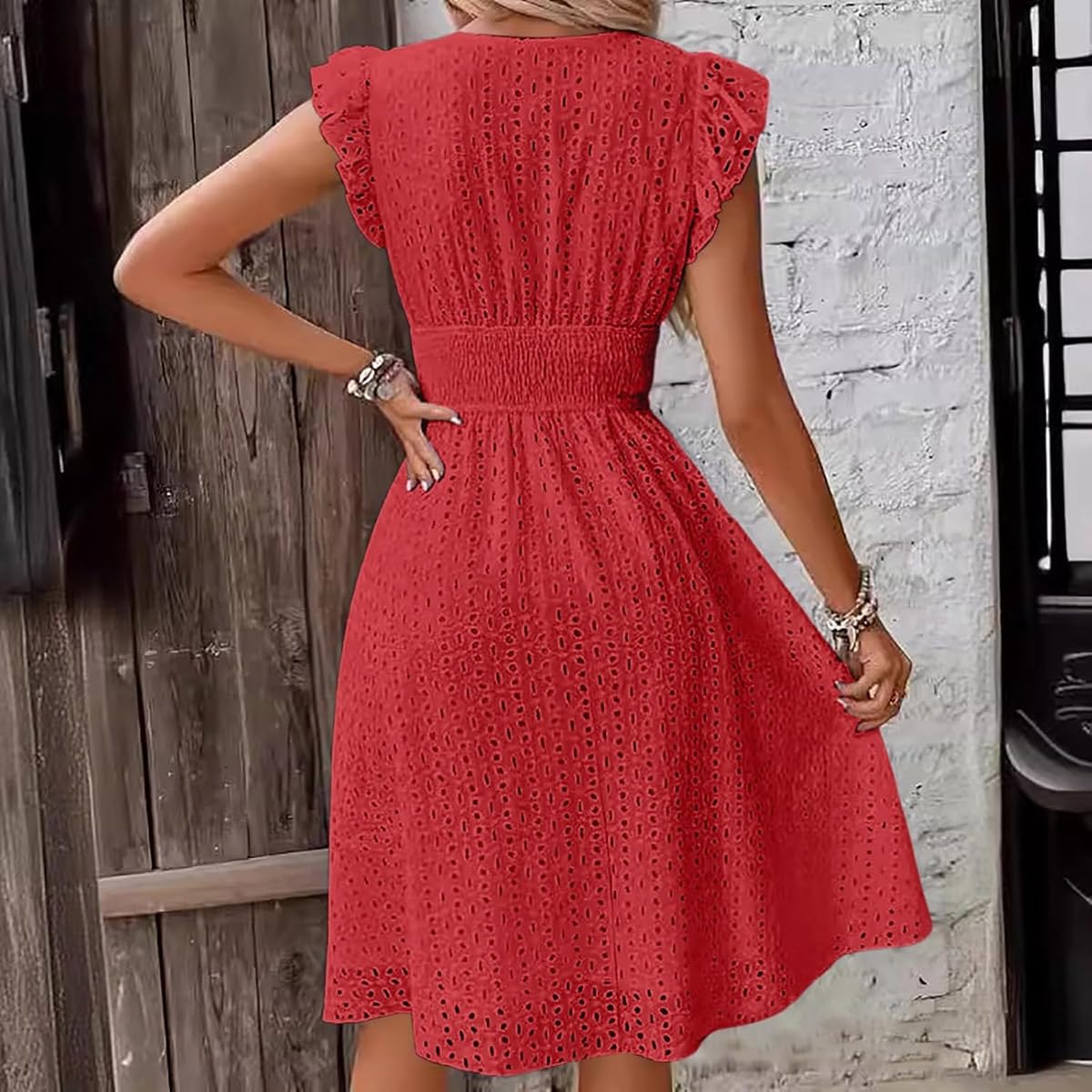 Women's V Neck Sleeveless Hollow Out Lace Ruffle Dress Summer Casual Beach Midi Vacation Dress