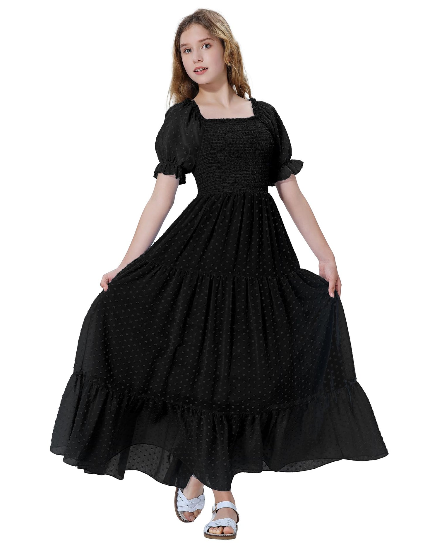 EXARUS Girls Maxi Long Smocked Dress Tween Swiss Dots Summer Square Neck Short Sleeve Casual A-line Dresses for 6-12Y | Tween A-Line Dresses Vacation Beach Sundress Beach Dance Casual Homecoming Party 6-14Y