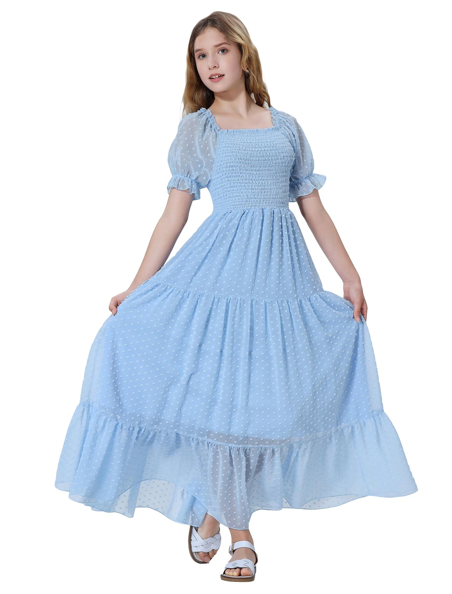 EXARUS Girls Maxi Long Smocked Dress Tween Swiss Dots Summer Square Neck Short Sleeve Casual A-line Dresses for 6-12Y | Tween A-Line Dresses Vacation Beach Sundress Beach Dance Casual Homecoming Party 6-14Y