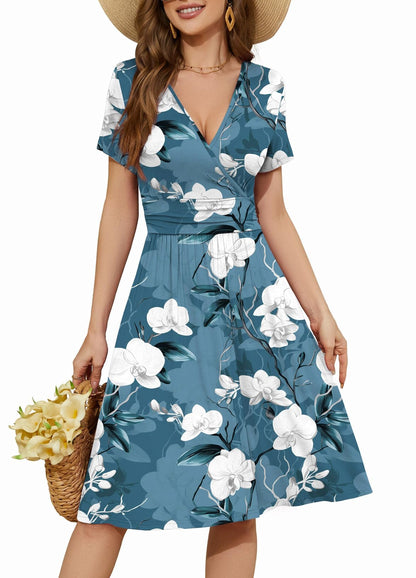 WEACZZY Women's Summer Short Sleeve Casual Dresses V-Neck Floral Party Dress with Pockets