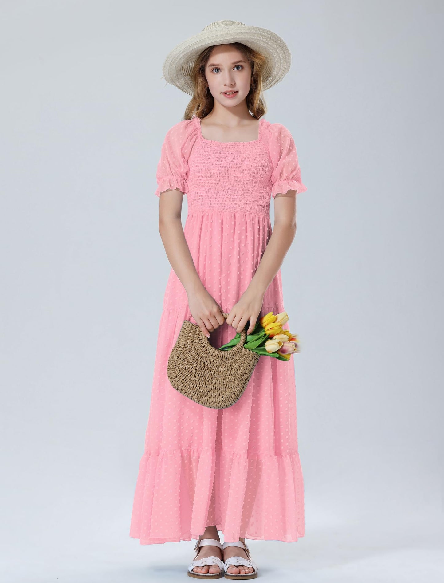 EXARUS Girls Maxi Long Smocked Dress Tween Swiss Dots Summer Square Neck Short Sleeve Casual A-line Dresses for 6-12Y | Tween A-Line Dresses Vacation Beach Sundress Beach Dance Casual Homecoming Party 6-14Y