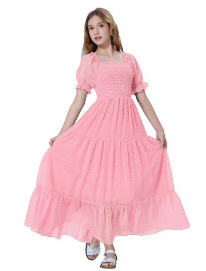 EXARUS Girls Maxi Long Smocked Dress Tween Swiss Dots Summer Square Neck Short Sleeve Casual A-line Dresses for 6-12Y | Tween A-Line Dresses Vacation Beach Sundress Beach Dance Casual Homecoming Party 6-14Y