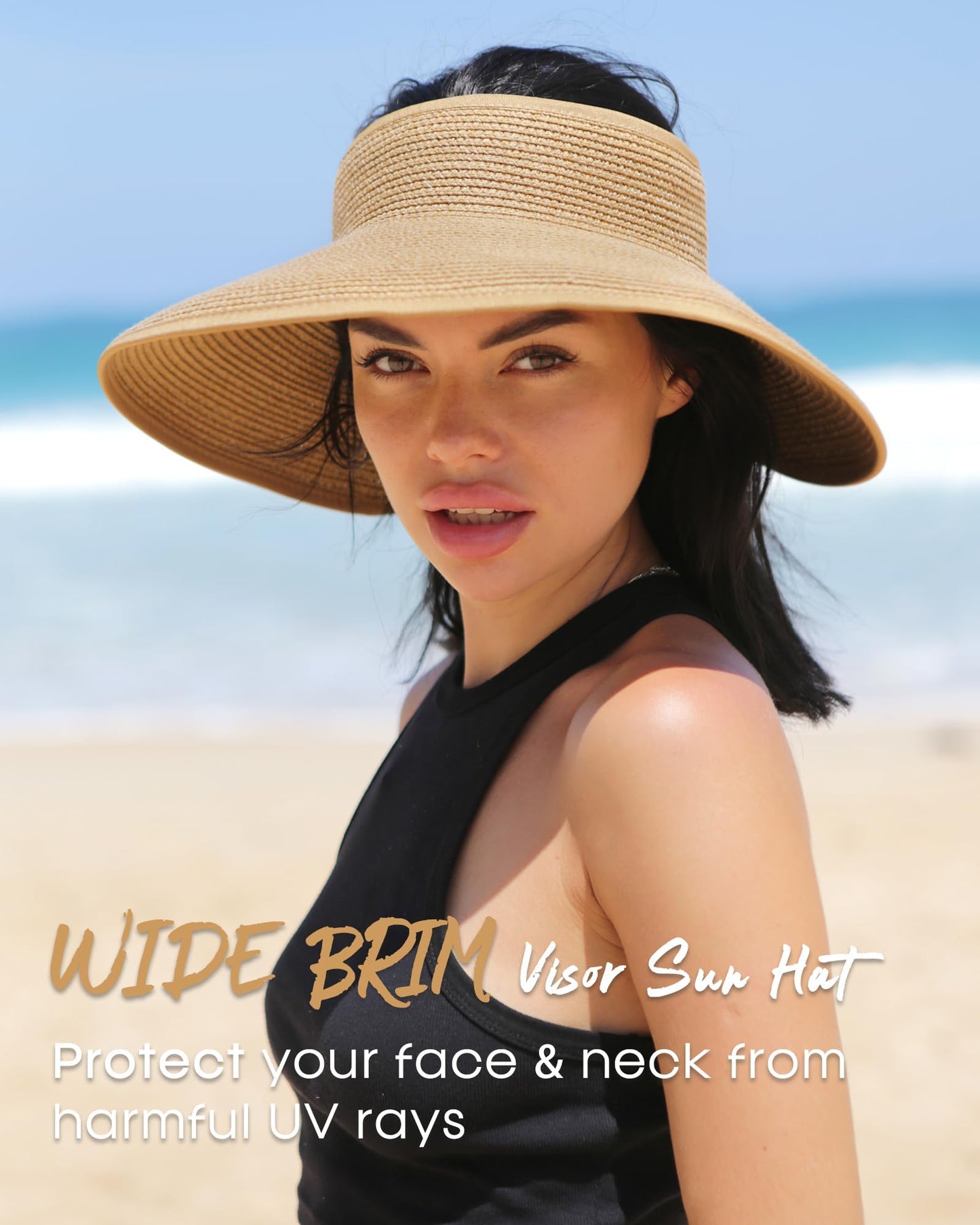 FURTALK Sun Visor Hats for Women Wide Brim Straw Roll Up Ponytail Summer Beach Hat UV UPF 50 Packable Foldable Travel