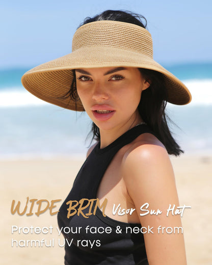 FURTALK Sun Visor Hats for Women Wide Brim Straw Roll Up Ponytail Summer Beach Hat UV UPF 50 Packable Foldable Travel