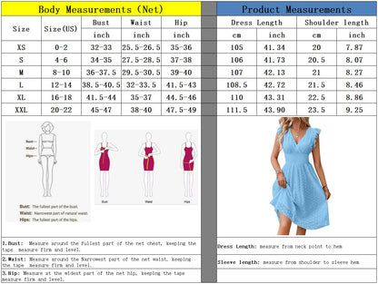 Women's Summer Sexy Eyelet Lace Embroidery Smocked Dress Flutter Sleeve A-Line Midi Long Beach Sundress