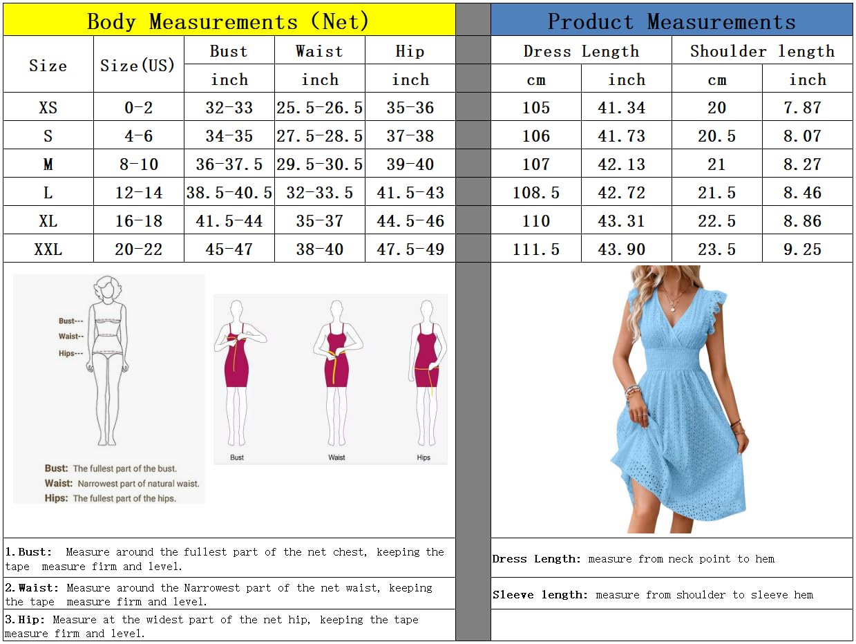 Women's Summer Sexy Eyelet Lace Embroidery Smocked Dress Flutter Sleeve A-Line Midi Long Beach Sundress