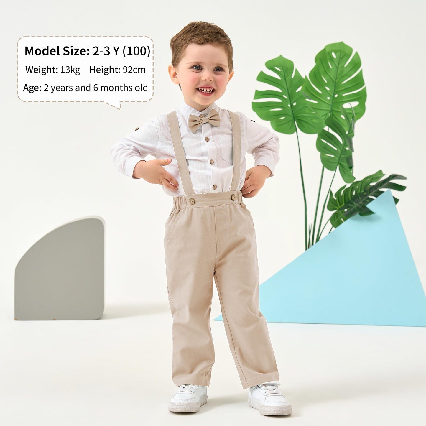 Volunboy Baby Boys Cotton Linen Formal Suspenders Outfits with Bowtie Toddler Long Sleeve Gentleman Wedding Dress Clothes