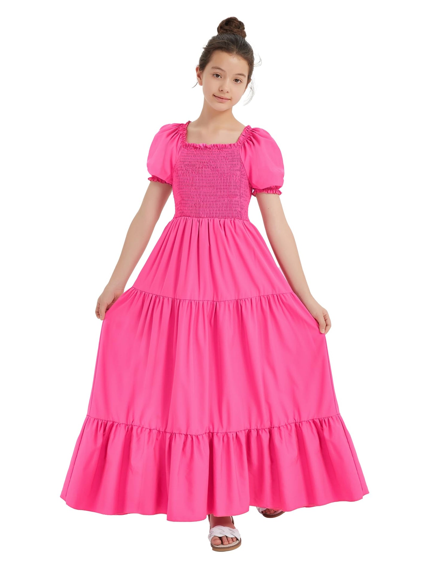 EXARUS Girls Maxi Long Smocked Dress Tween Swiss Dots Summer Square Neck Short Sleeve Casual A-line Dresses for 6-12Y | Tween A-Line Dresses Vacation Beach Sundress Beach Dance Casual Homecoming Party 6-14Y